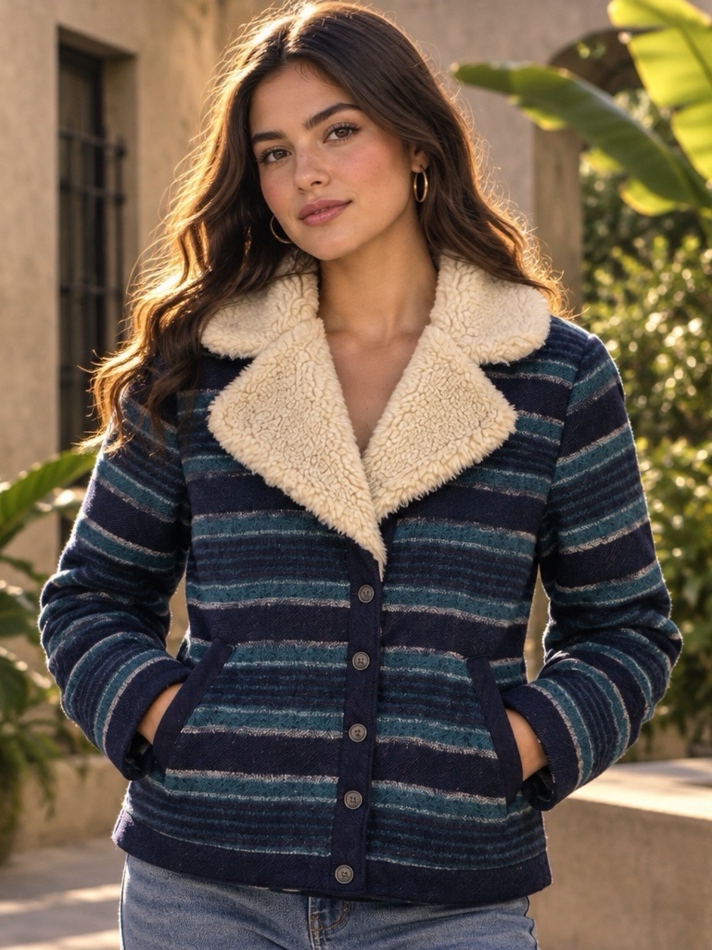 Hurley Sherpa Lined Striped Jacket Small Blue Button Front Coat